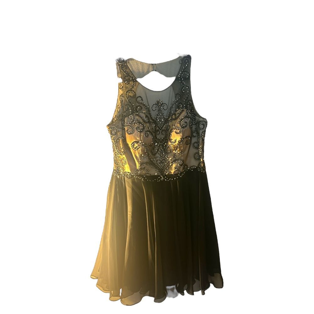 Alyce Paris Black Beaded Mesh Bodice‎ Cocktail Dress Short Chiffon Dress Size 14